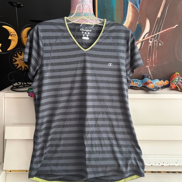 Champion Gray and Black Striped Tee with Green Trim L - Picture 1 of 16
